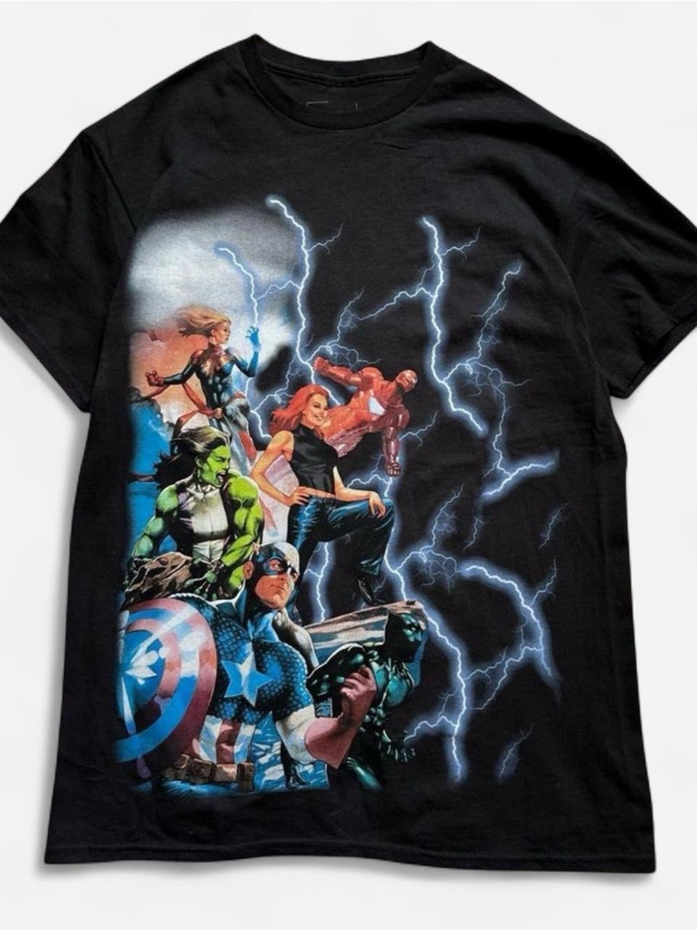 Black Marvel Avengers Superhero Graphic Tee with Lightning Medium